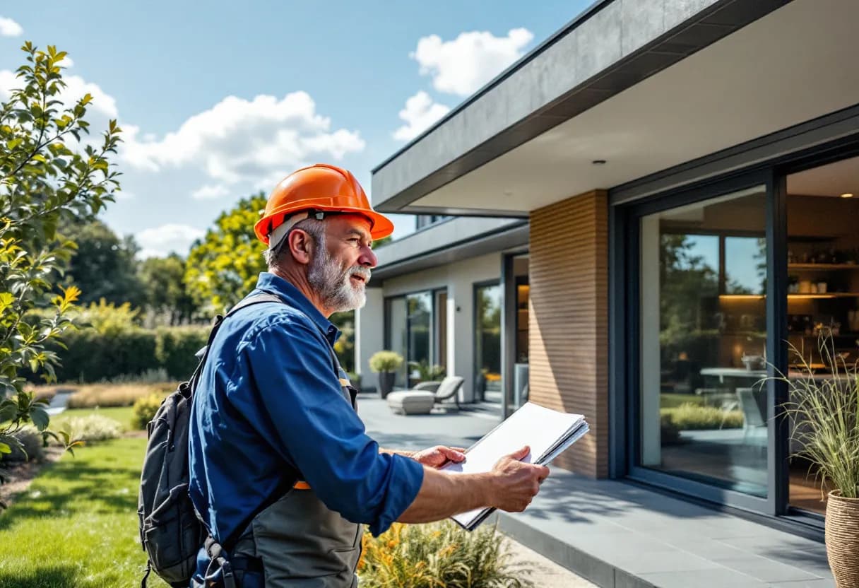 Een ervaren dakdekker in veiligheidsharnas plaatst leisteen op een hellend dak van een moderne Vlaamse villa, omringd door groene heuvels van Limburg op een zonnige dag.