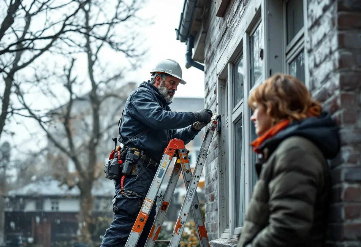 Een dakwerker op een ladder repareert een kapotte dakpan tijdens een regenbui, terwijl een bezorgde huiseigenaar toekijkt vanaf de oprit.