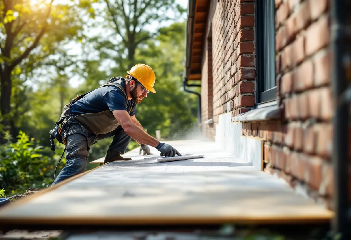 Een ervaren dakwerker in veiligheidshelm plaatst isolatieplaten op een hellend dak van een Vlaamse woning, omringd door groene bomen, op een zonnige dag.