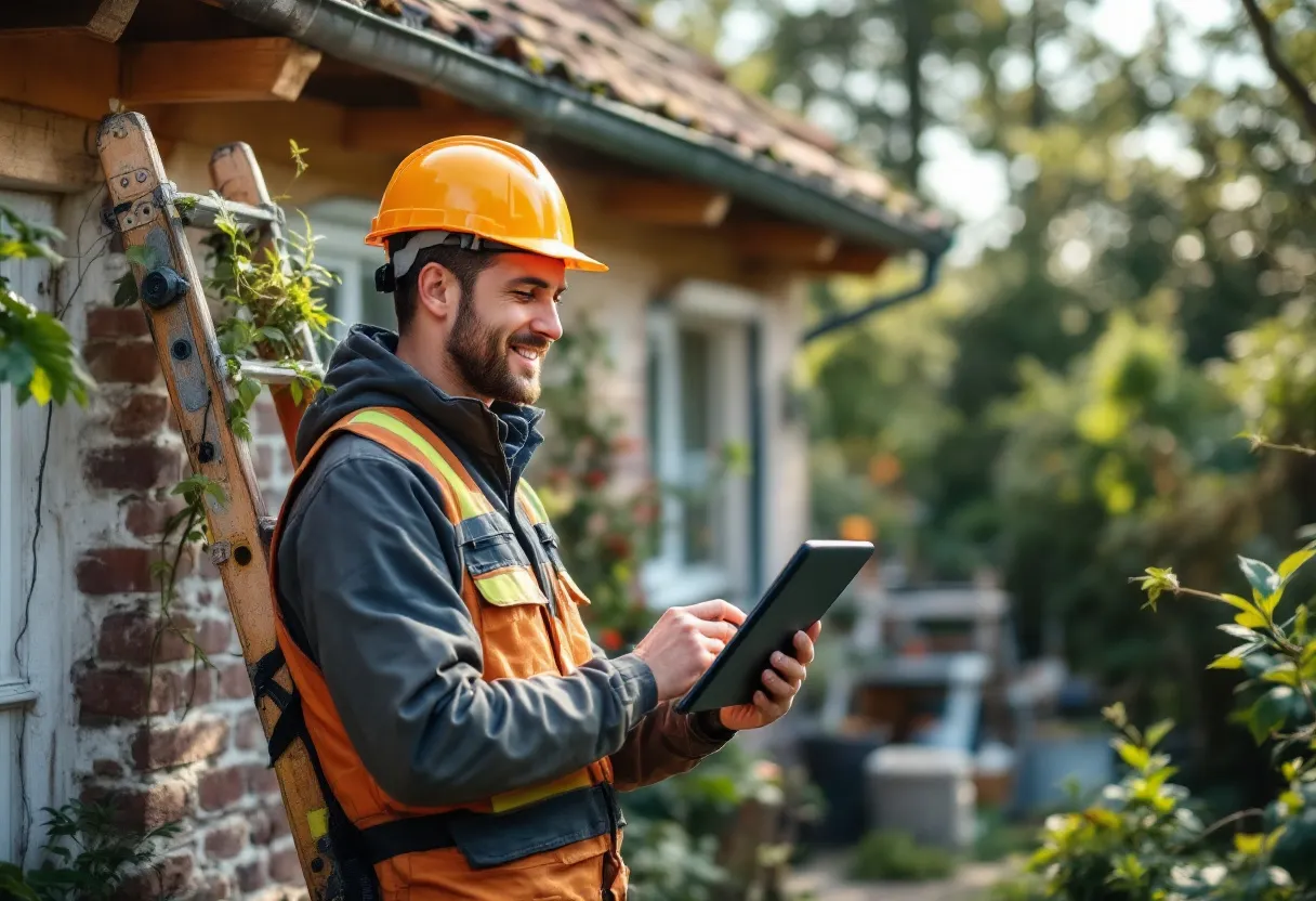 Een dakwerker met helm en veiligheidsgordel staat op een ladder naast een hellend leien dak, terwijl hij zijn tablet toont aan de huiseigenaar in de tuin met een glimlach van herkenning.