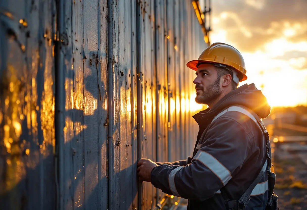 Een ervaren dakwerker met helm en werkkleding inspecteert een zopas gerenoveerd hellend dak met matzwarte leien en een strak afgewerkte zinken dakgoot, tegen een heldere Vlaamse ochtendlucht, terwijl een ladder en een bestelwagen met dakwerkerslogo op de oprit staan.