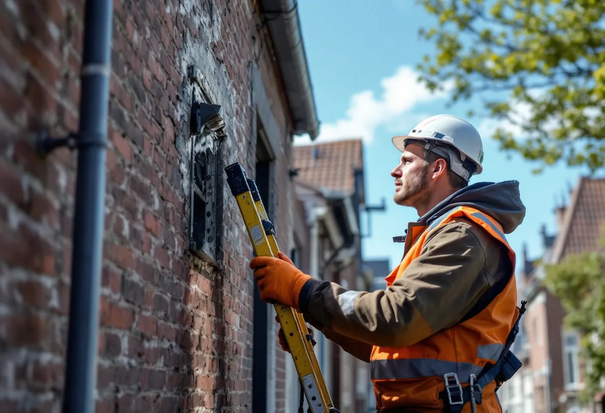 Een ervaren dakwerker in veiligheidsharnas en helm inspecteert visueel een hellend dak met rode pannen, terwijl hij op een ladder staat en met een verrekijker de nok controleert op een zonnige dag in een Vlaamse straat met rijtjeshuizen.