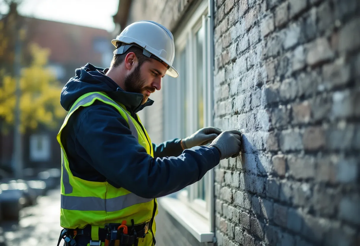 Een dakwerker in veiligheidsharnas inspecteert het vernieuwde pannendak van een Vlaamse woning, met zicht op de kerktoren in de verte.