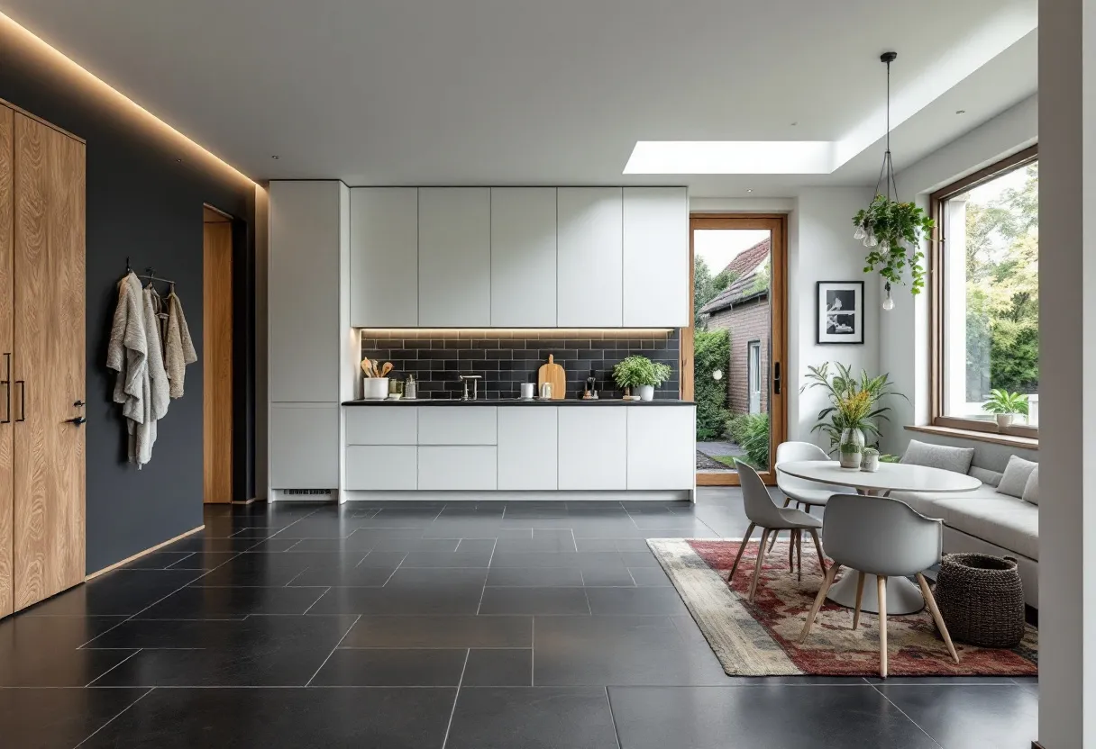 Een moderne Vlaamse woning met een gevel volledig bekleed met keramische zwarte dakpannen, gecombineerd met een hellend dak van dezelfde pannen, strakke witte kozijnen en een houten voordeur, omringd door een groene tuin.