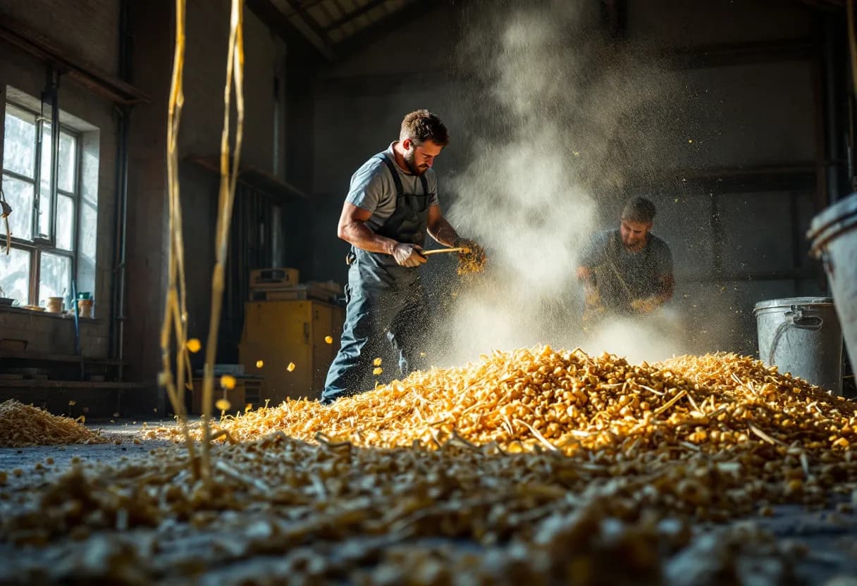 Op een zonnige nazomerdag vervangt een dakwerker in werkkleding voorzichtig een rij antracietkleurige leien op een steil hellend dak van een gerenoveerde Vlaamse hoeve, terwijl een collega beneden de materialen aanreikt.