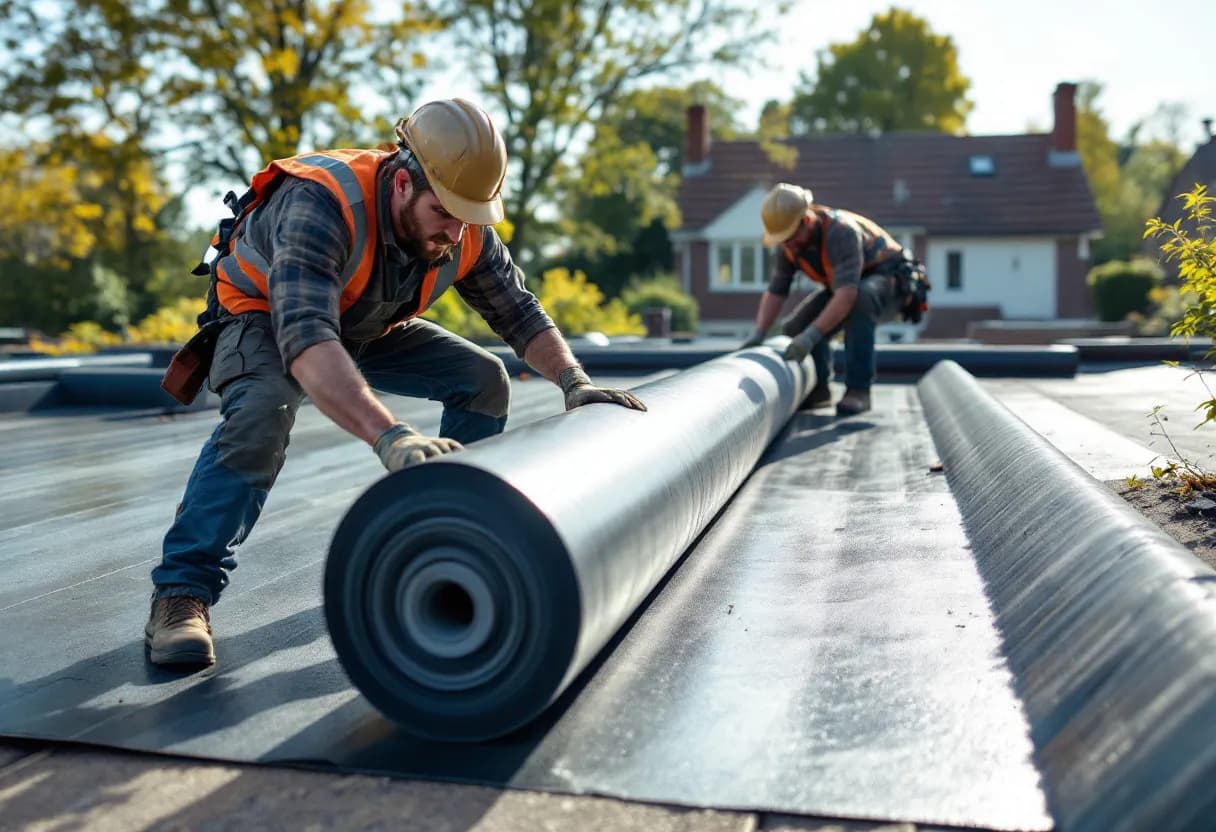 Een ervaren dakwerker in werkkleding rolt een grote baan EPDM-folie uit op een plat dak terwijl een collega de bestaande dakbedekking inspecteert op een zonnige herfstdag in een Vlaamse villawijk.