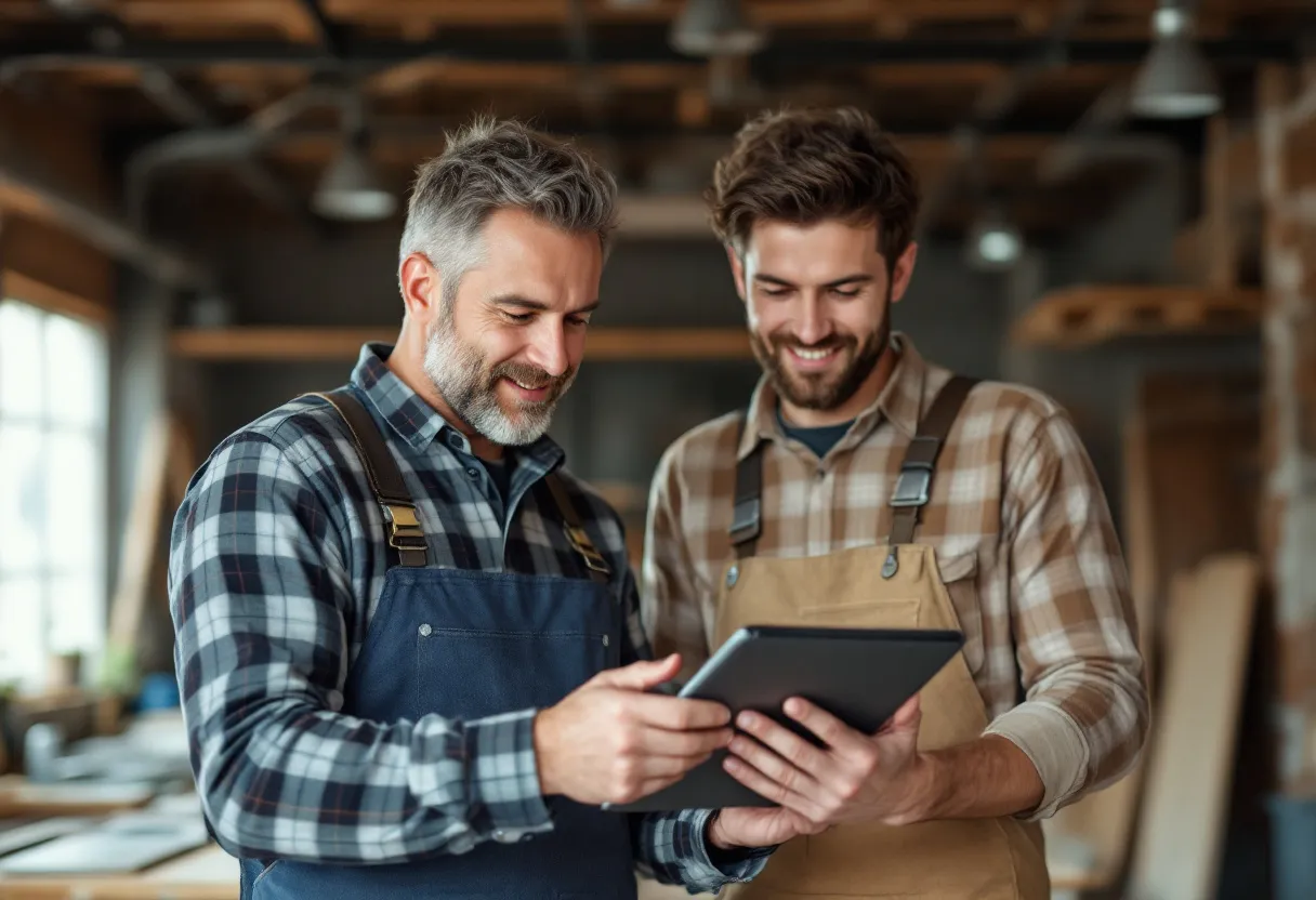 Een ervaren dakwerker in werkkledij staat naast een klant op een Vlaamse dakwerf, terwijl hij een offerte op een tablet toont, met op de achtergrond een hellend dak in renovatie.