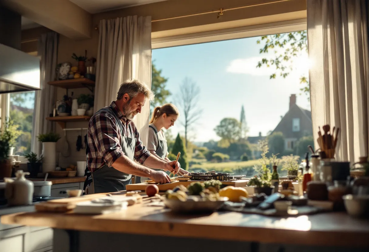 Twee dakwerkers in werkkledij vervangen leien op een hellend dak van een charmante Vlaamse woning, met zicht op een lommerrijke tuin en een strakblauwe hemel.