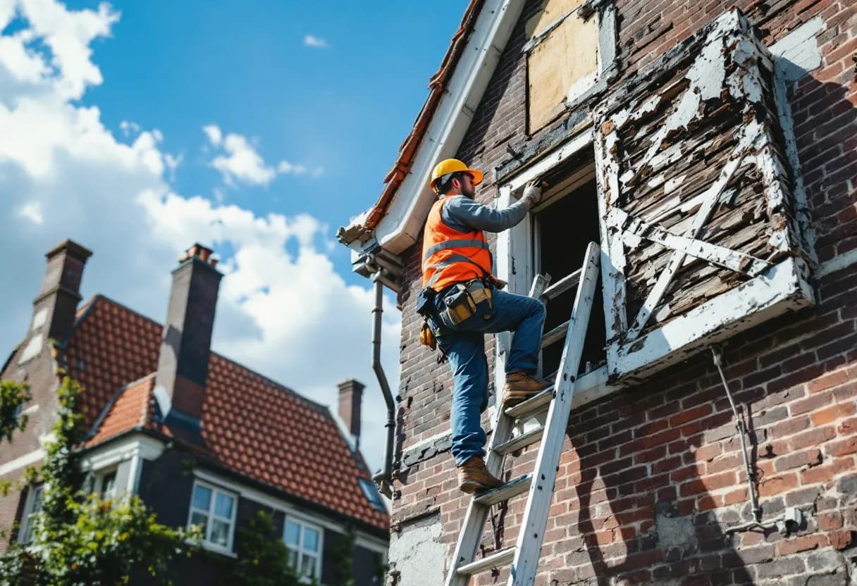 Een vakbekwame dakdekker in werkkledij staat op een ladder en inspecteert een beschadigd leien dak van een typisch Vlaams rijhuis, met steigers eromheen en een blauwe lucht.