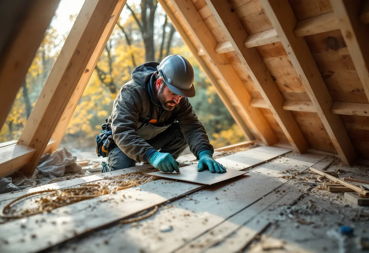Een dakwerker in werkkledij plaatst PIR-isolatieplaten op een plat dak van een Vlaamse woning, terwijl de herfstzon door de bomen schijnt.