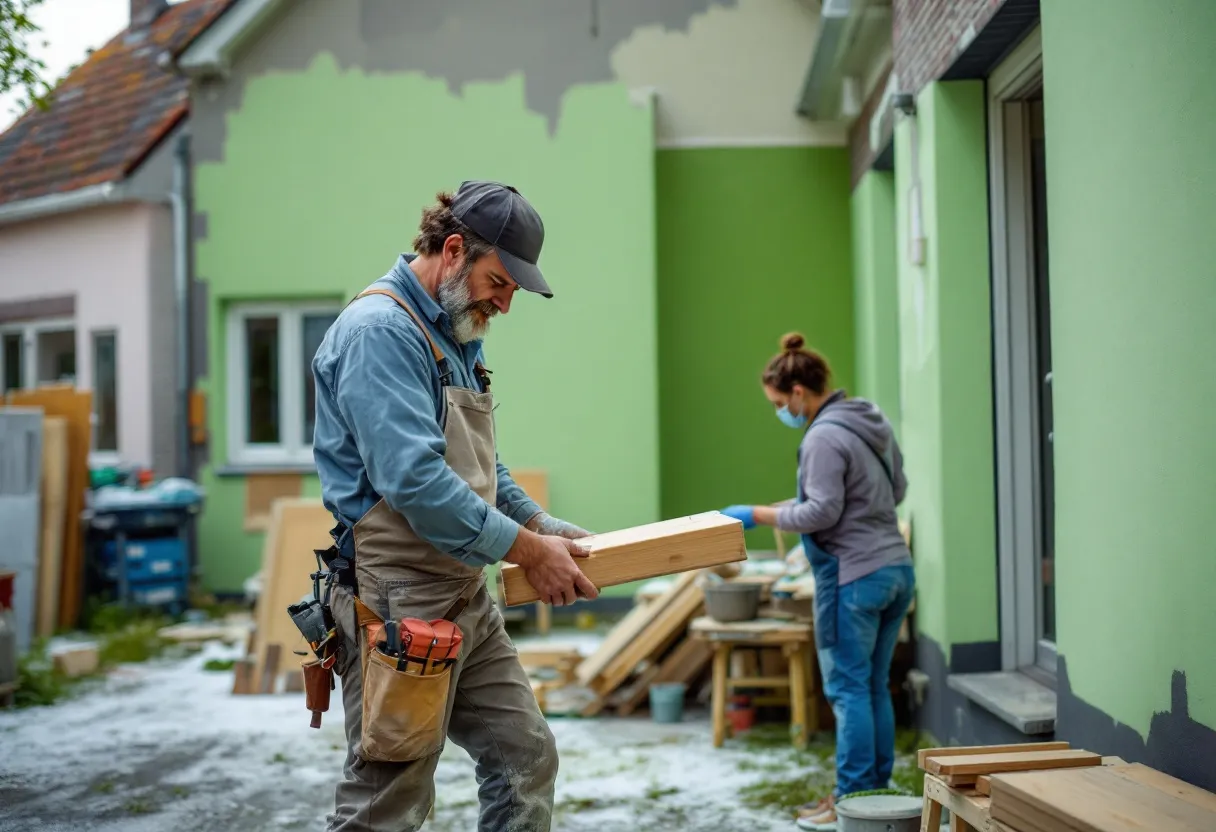 Een ervaren vakman in werkkledij plaatst houten gevelbekleding op een vrijstaande woning in een groene Vlaamse straat, terwijl een assistent materialen aangeeft.