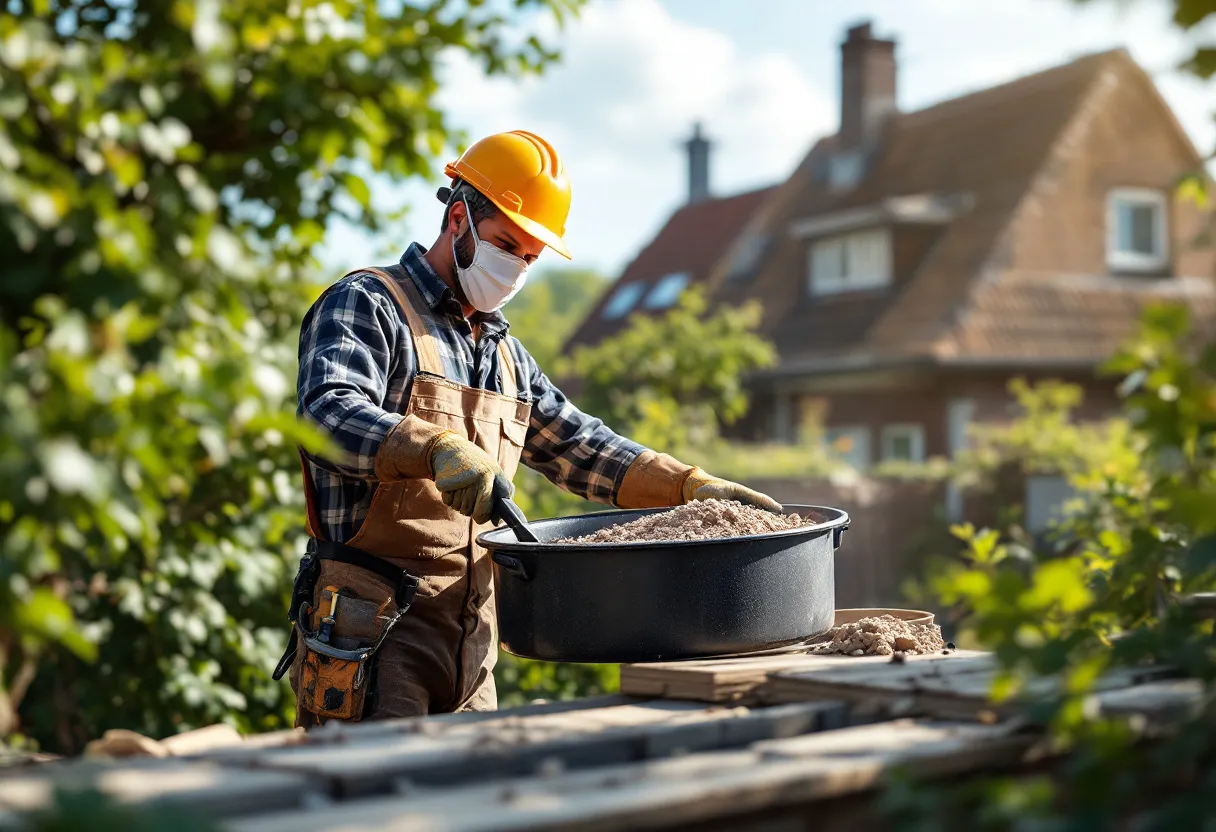 Vakbekwame dakwerker met veiligheidsharnas en helm plaatst een nieuwe dakpan op een hellend dak van een vrijstaande woning, omringd door een groene tuin en typische Vlaamse bebouwing op een zonnige herfstdag.