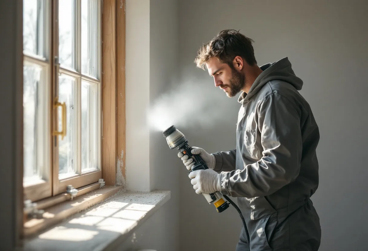 Een vakkundige dakwerker spuit witte PUR-isolatieschuim gelijkmatig onder een hellend dak in een Vlaamse woning, terwijl daglicht door het dakraam valt en de naadloze laag zichtbaar is.
