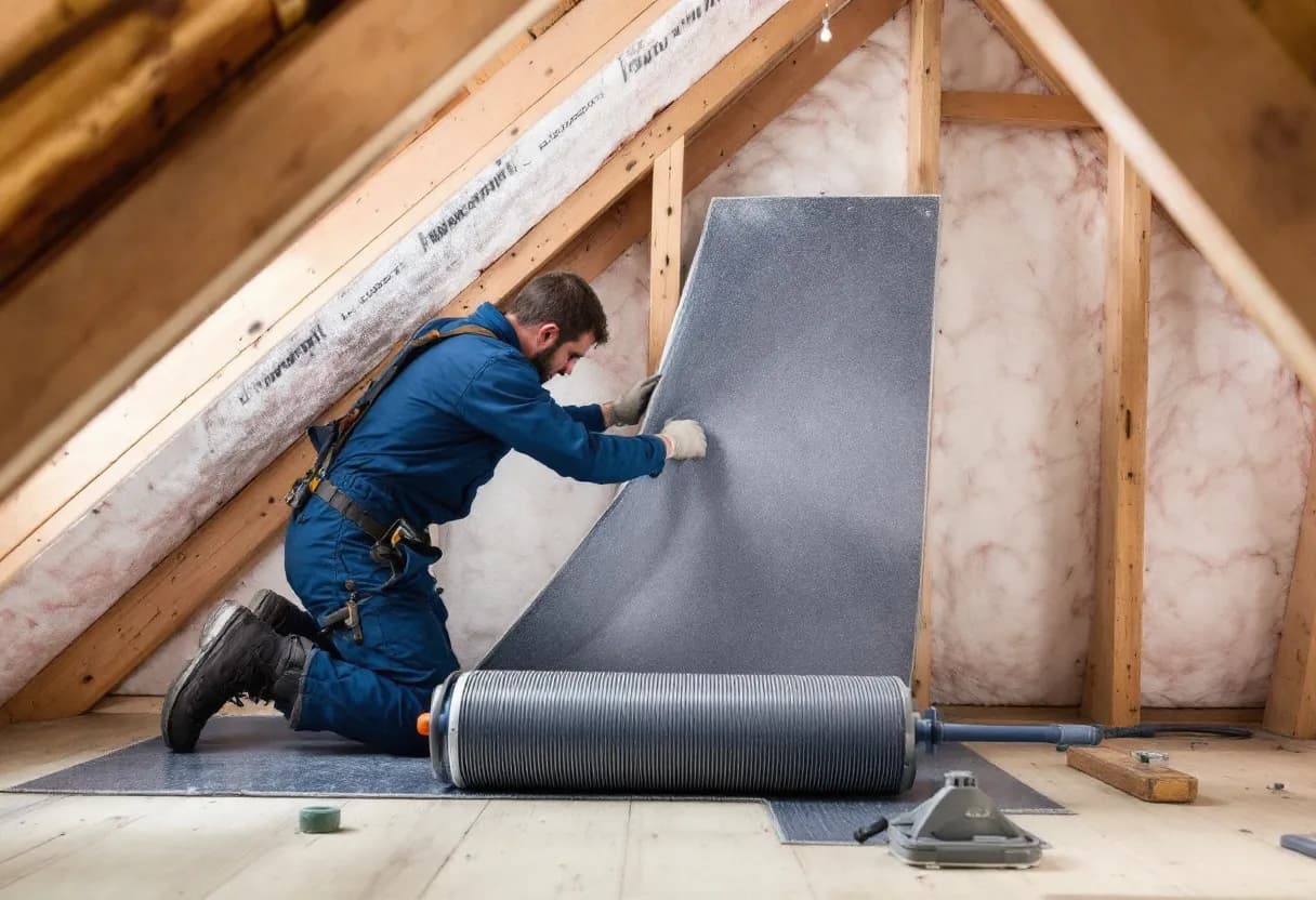Een dakwerker in blauwe overall plaatst glaswol isolatieplaten tussen de spanten van een zolder in een Vlaamse rijwoning, met een rolmaat en een isolatiemes op de vloer.