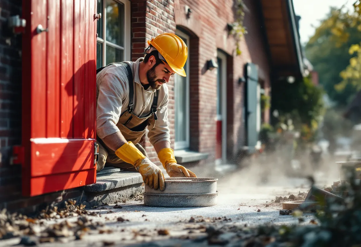 Een professionele dakwerker in gordel en helm plaatst zorgvuldig nieuwe rode dakpannen op een hellend dak van een typisch Vlaams huis, met een steiger en kraan zichtbaar op een zonnige herfstdag.