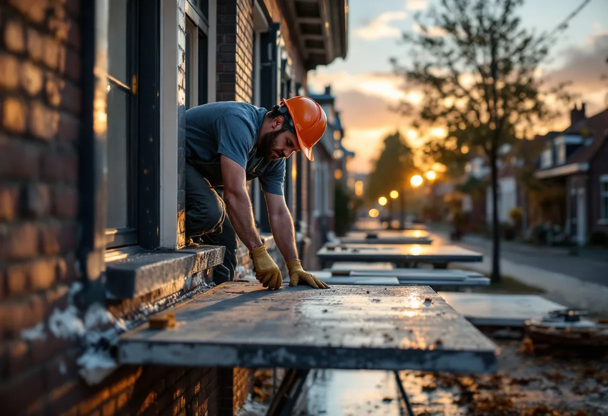 Een ervaren dakwerker met oranje helm plaatst nauwkeurig een rigide isolatiepaneel op een hellend pannendak van een rijhuis in een Vlaamse straat bij zonsondergang.