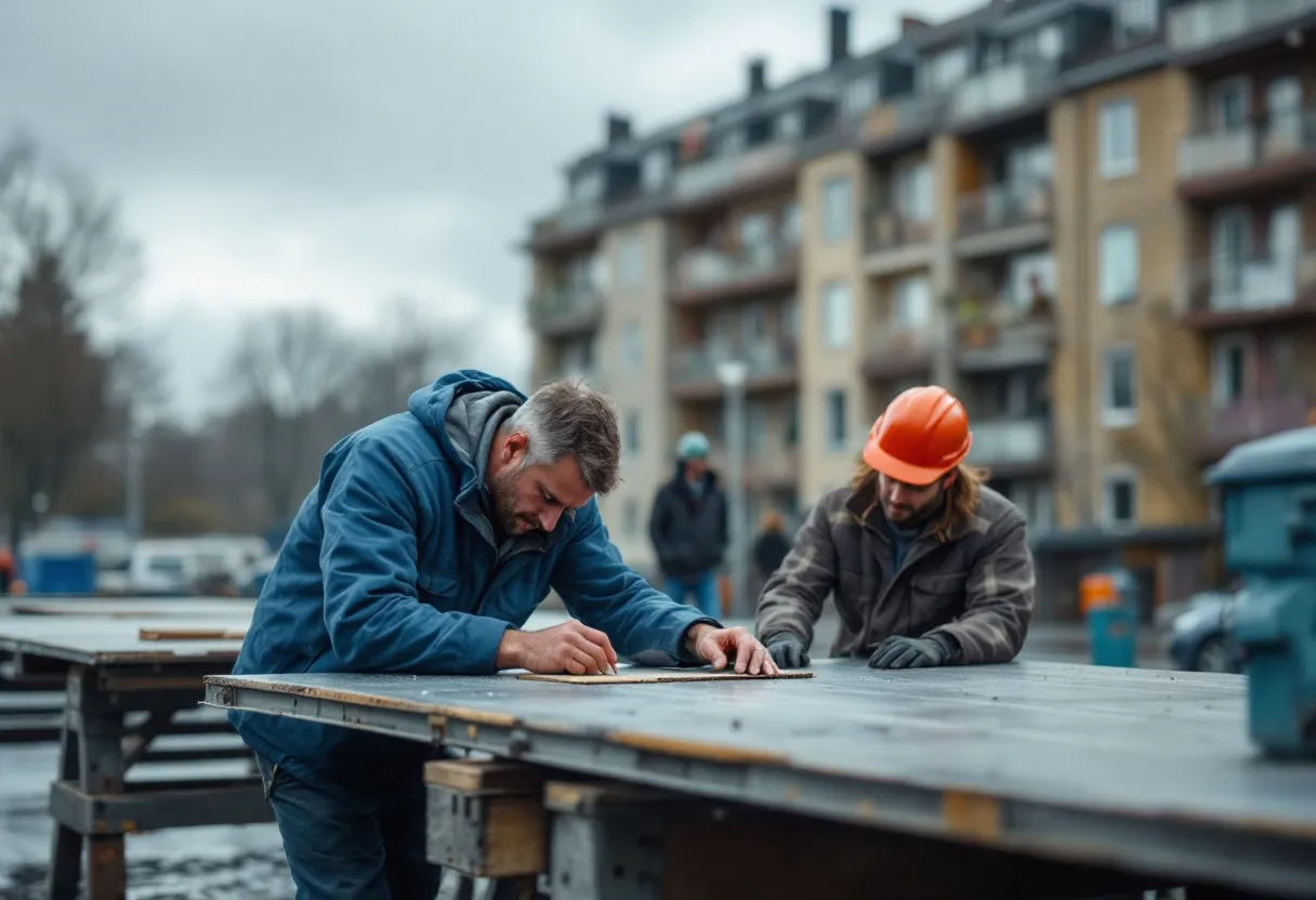 Een syndicus in een blauwe jas bespreekt een plat dak met een dakwerker, op de achtergrond een flatgebouw onder een grijze Vlaamse lucht