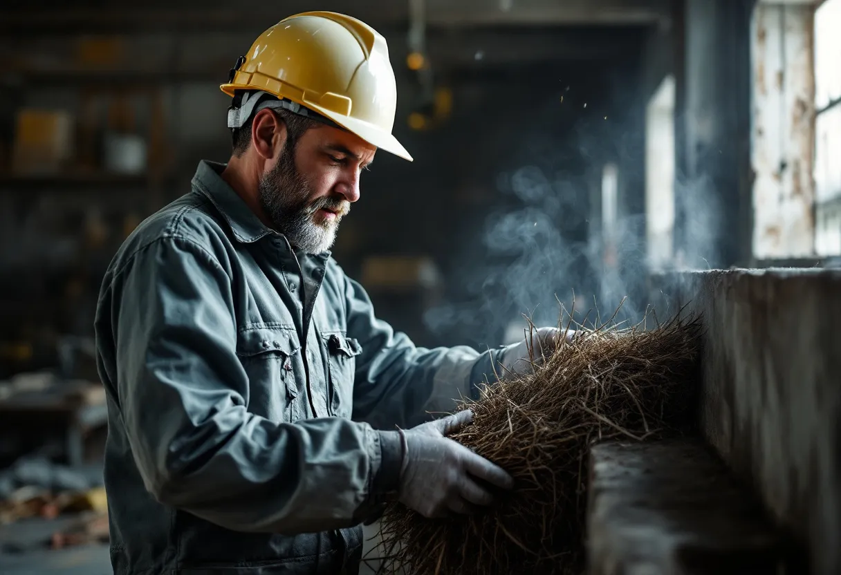 Een dakwerker met helm inspecteert een natte dakgoot op een hellend dak, terwijl een vochtplek zichtbaar is op de muur eronder.