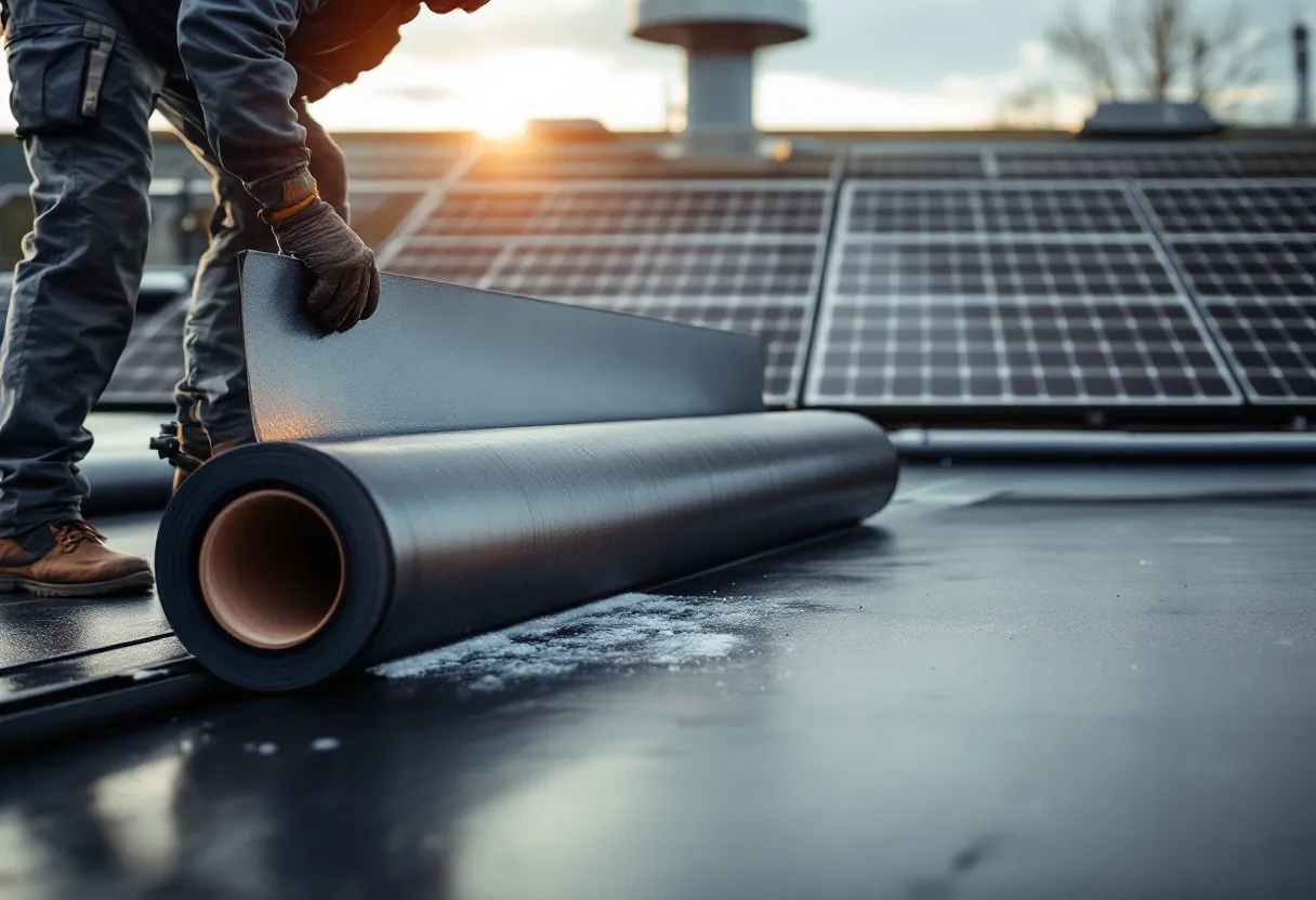 Een ervaren dakwerker rolt een zwarte EPDM-folie uit over een plat dak met zonnepanelen op de achtergrond, onder een heldere Vlaamse hemel.