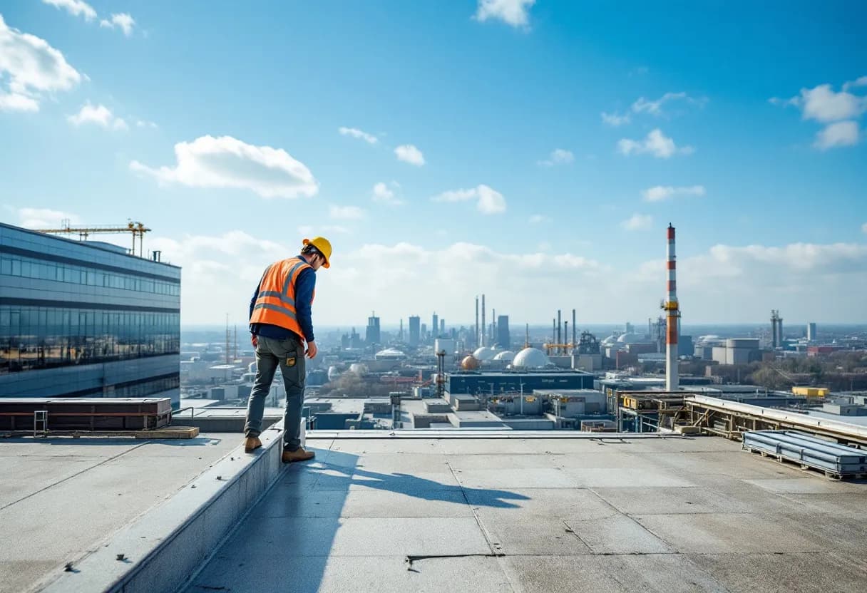 Een ervaren dakwerker in Vlaanderen inspecteert het platte dak van een modern kmo-bedrijfsgebouw, met in de achtergrond een industriële skyline en een helderblauwe lucht.