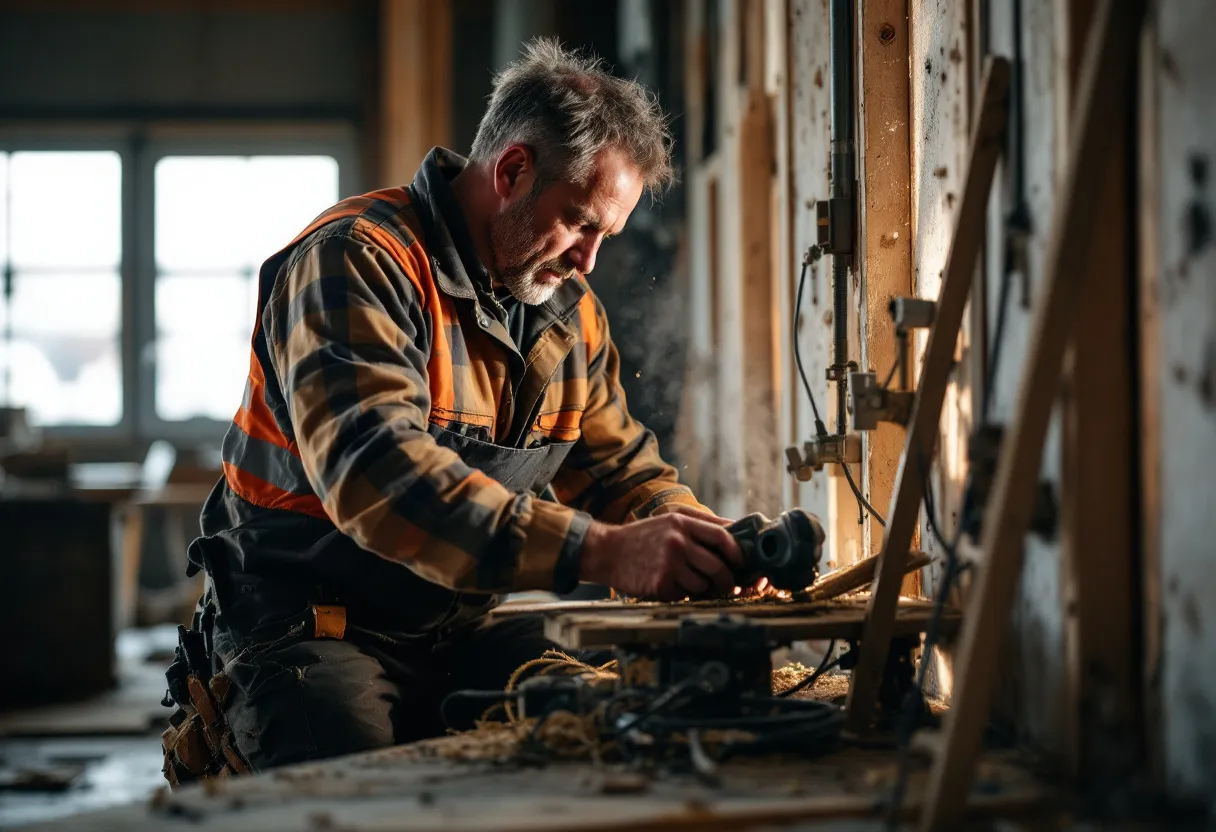 Een ervaren dakwerker snijdt een PIR-isolatieplaat op maat op een Vlaamse werf, met een rol dampscherm en gereedschapskist naast hem, terwijl daglicht door de dakspanten schijnt.