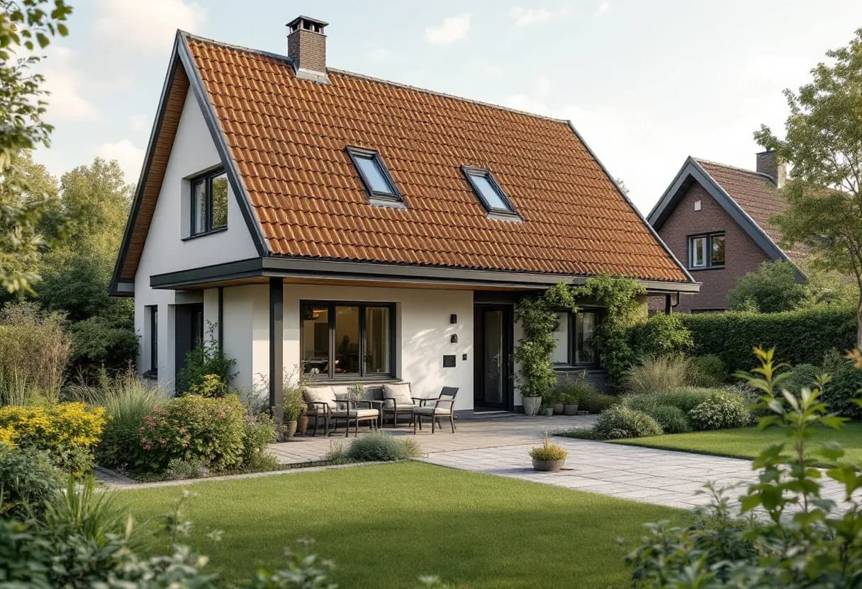 Een fotorealistische afbeelding van een Vlaamse woning met een nieuw duurzaam dak van keramische pannen en een dakvenster, omringd door groen onder een bewolkte hemel.