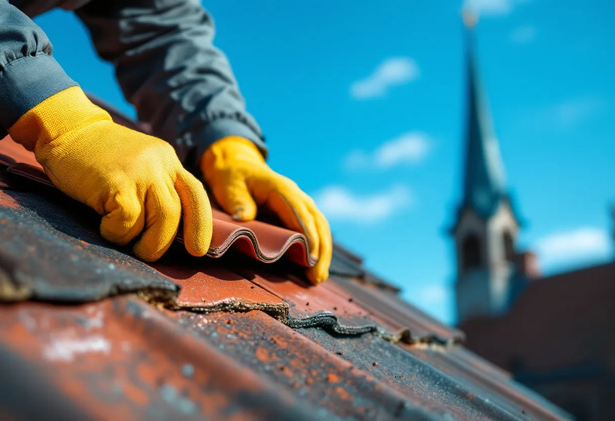 Close-up of a Flemish roofer’s gloved hands carefully aligning a terracotta roof tile on a steep pitched roof, with a clear blue sky and a typical Belgian church spire visible in the background, symbolizing a transparent fixed-price renovation completed with precision.