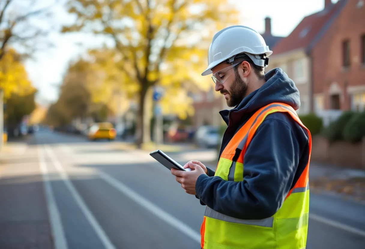 Een ervaren dakwerker met helm en veiligheidsharnas staat op een steil hellend dak in een Vlaamse straat. Hij wijst naar de dakbedekking terwijl hij een tablet met een digitale offerte toont, met op de achtergrond een woonwijk met bakstenen huizen en rode daken.