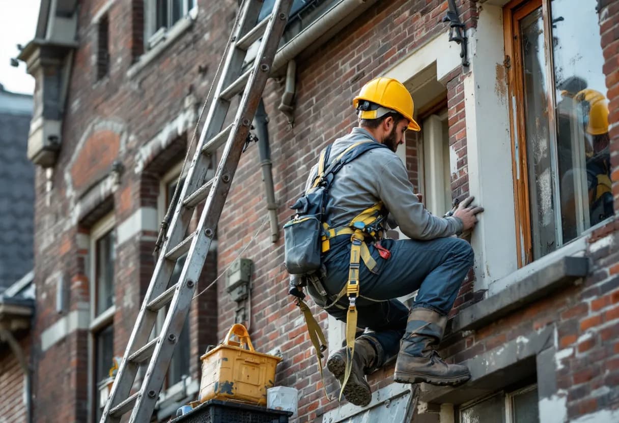 Een ervaren dakwerker in overall en helm legt zorgvuldig leien op een hellend dak van een typisch Vlaams bakstenen herenhuis in een zonnige straat, met gereedschap en een ladder zichtbaar.