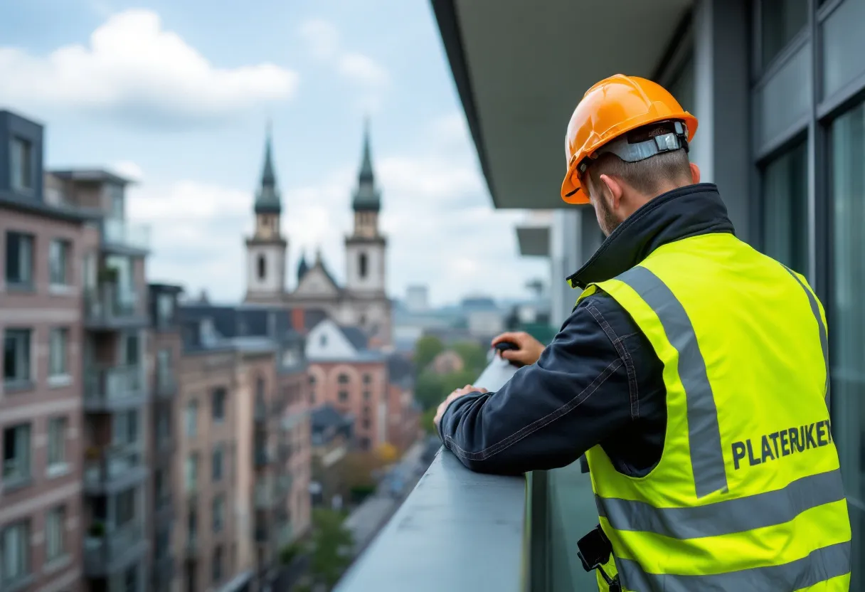 Een dakwerker in veiligheidskleding inspecteert een plat dak van een modern appartementsgebouw in Gent, met op de achtergrond de historische torens van de stad.