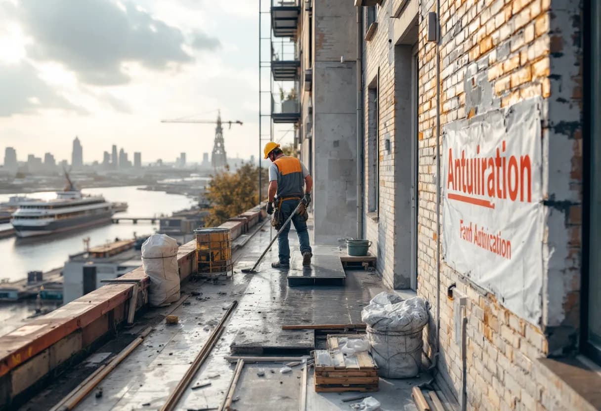 Een fotorealistische foto van een dakwerker die een plat dak renoveert op een appartementsgebouw in Antwerpen, met op de achtergrond de skyline en de Schelde.