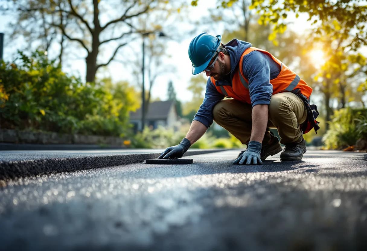 Dakwerker inspecteert een plat dak met bitumen op een zonnige dag in een West-Vlaamse tuin, met gereedschap en veiligheidshelm.