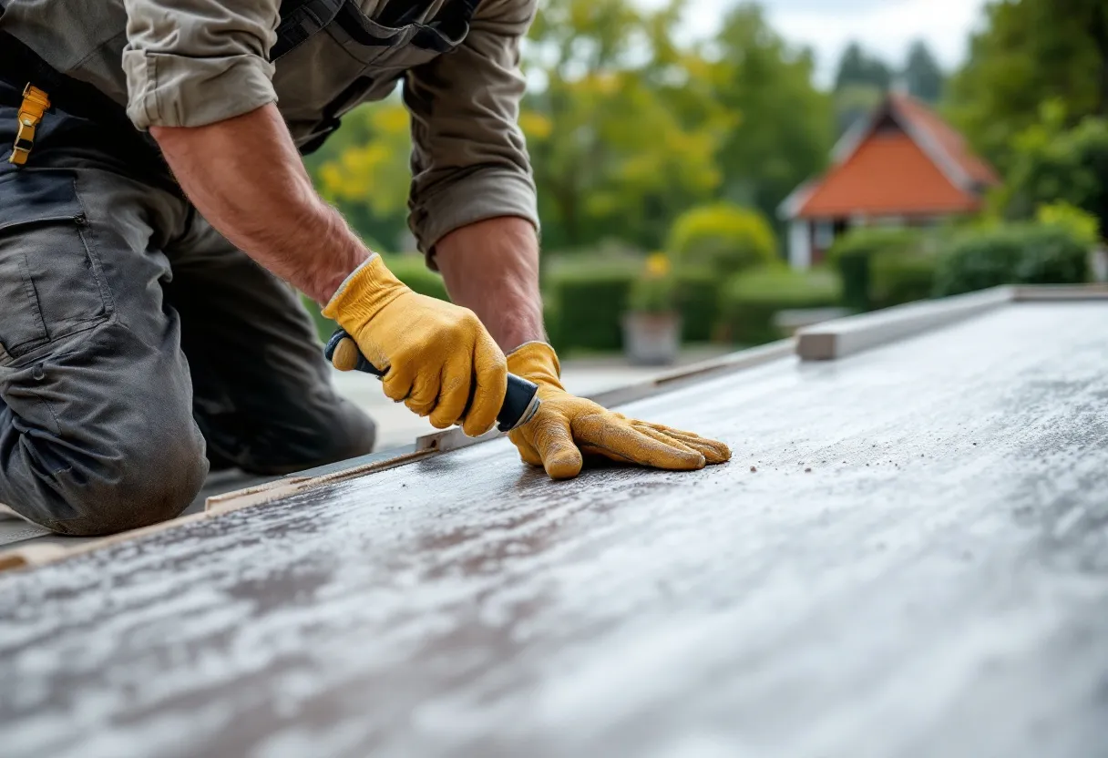 Een dakwerker plaatst zorgvuldig PIR-isolatieplaten op een plat dak onder een heldere Vlaamse hemel, met op de achtergrond een groene tuin en rode bakstenen huizen.