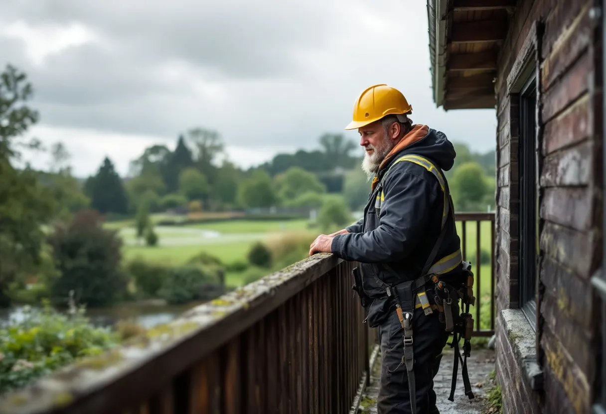 Een ervaren dakdekker in veiligheidshelm vervangt leien op een hellend dak van een typisch Vlaams huis, met uitzicht op een groene tuin onder een grijze lucht.