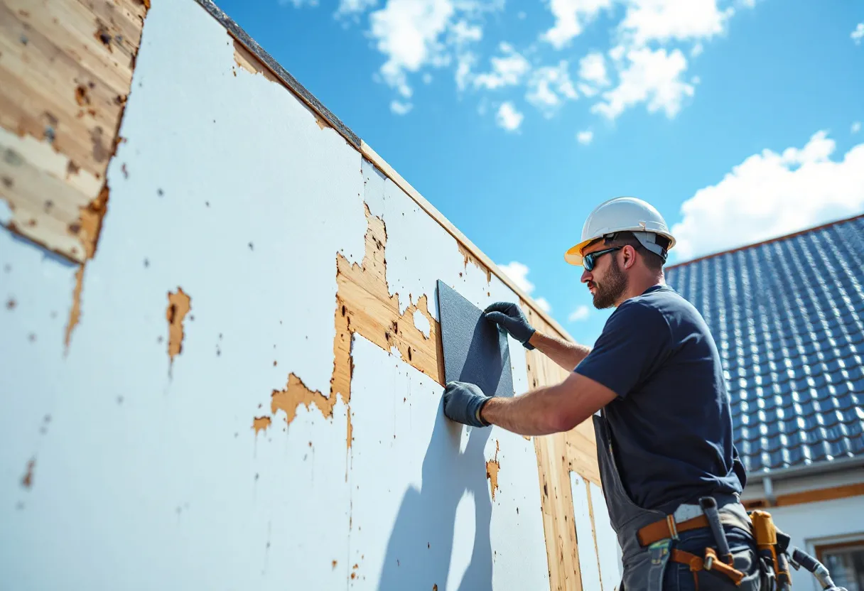 Een fotorealistische afbeelding van een hellend dak in renovatie: een vakman plaatst nieuwe donkere dakpannen op houten tengellatten onder een helderblauwe hemel, terwijl de schaduwen van steigers op de witgepleisterde gevel vallen.